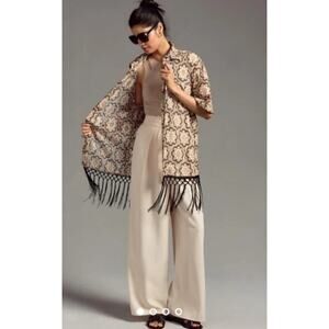 Anthropologie Self Contrast Collared Shirt Kimono One Size Crochet Floral Boho